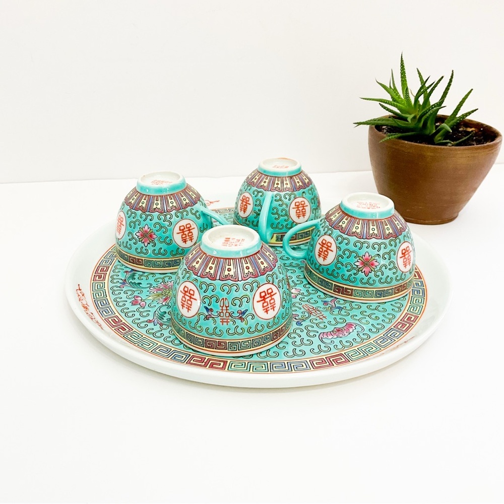VINTAGE Chinese Export Porcelain Tea Set Teal Gold Longevity Symbol Bone China
